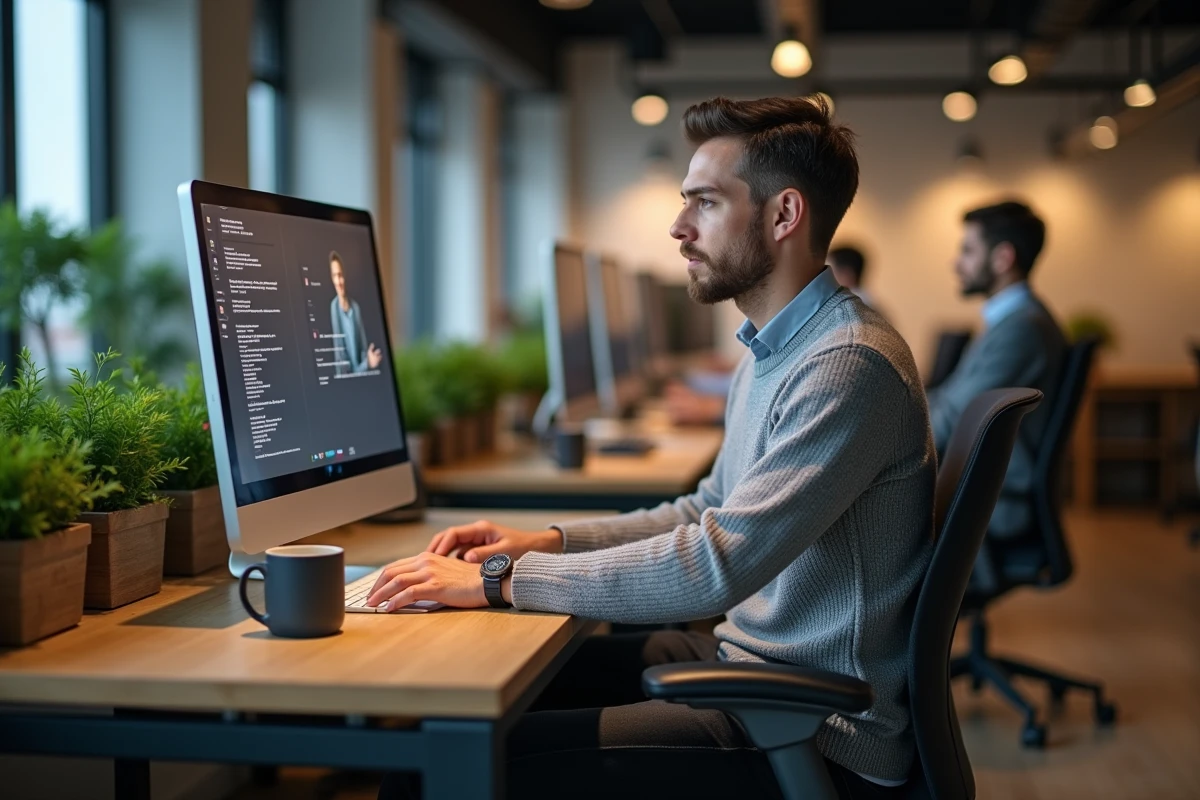 Homme en suivi d'accompagnement Pôle emploi sur ordinateur dans un espace de coworking moderne