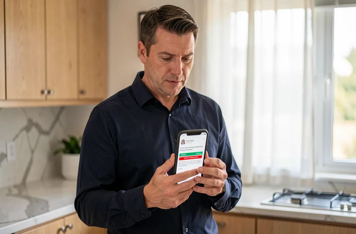 Homme activant son compte en ligne via un email de confirmation sur smartphone dans une cuisine