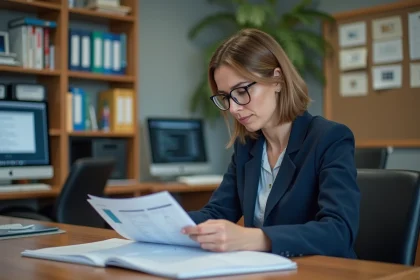 Administratrice scolaire consultant un livret scolaire imprimé dans un bureau d'établissement, illustrant la gestion des dossiers LSU lors d'un changement d'école