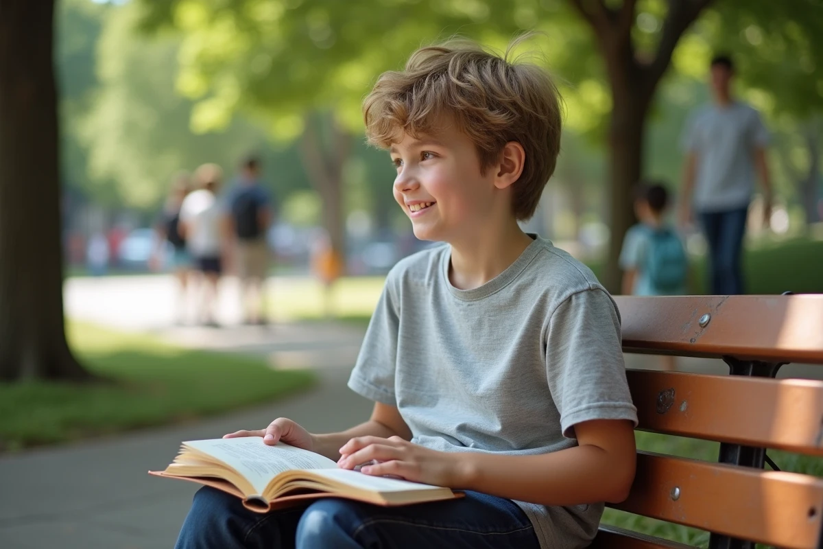 Adolescent souriant étudiant la conjugaison espagnole en plein air