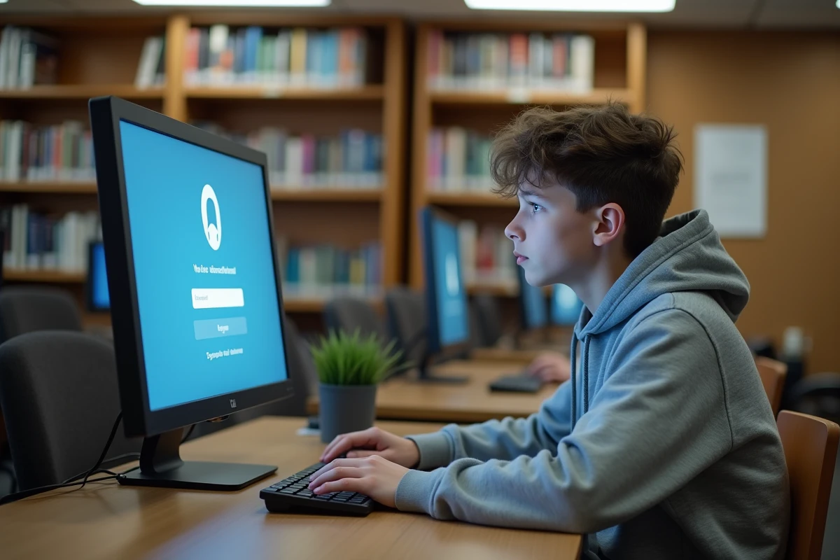 Adolescent bloqué sur la page de connexion ENT Normandie dans une bibliothèque scolaire