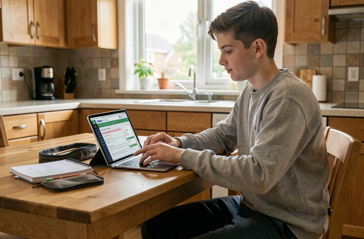 Adolescent consultant l'ENT scolaire sur une tablette à la maison pour gérer ses devoirs
