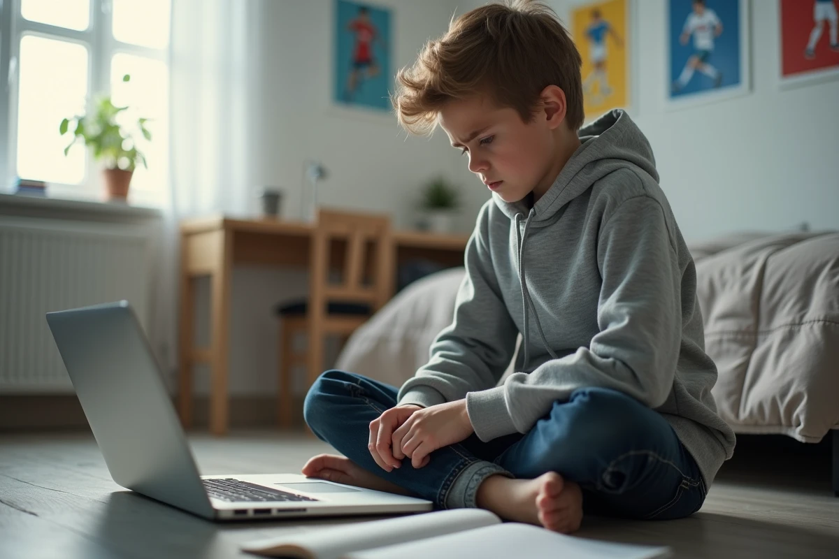 Adolescent qui travaille sa grammaire française sur un ordinateur portable dans sa chambre avec un cahier d'exercices ouvert