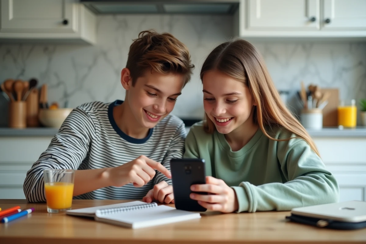 Deux adolescents qui étudient ensemble une application boursière sur smartphone dans une cuisine après l'école