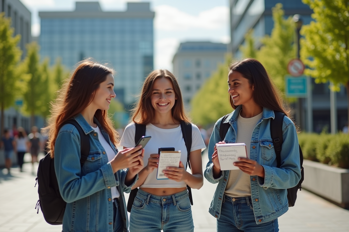 Adolescents discutant dans une place urbaine avec smartphones et notes