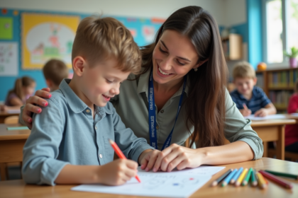Femme aidant un garçon à organiser ses crayons à l'école
