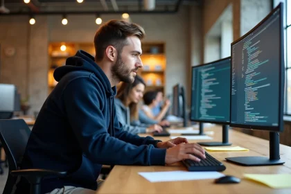 Jeune développeur web en alternance travaillant sur du code dans un espace coworking moderne en 2026