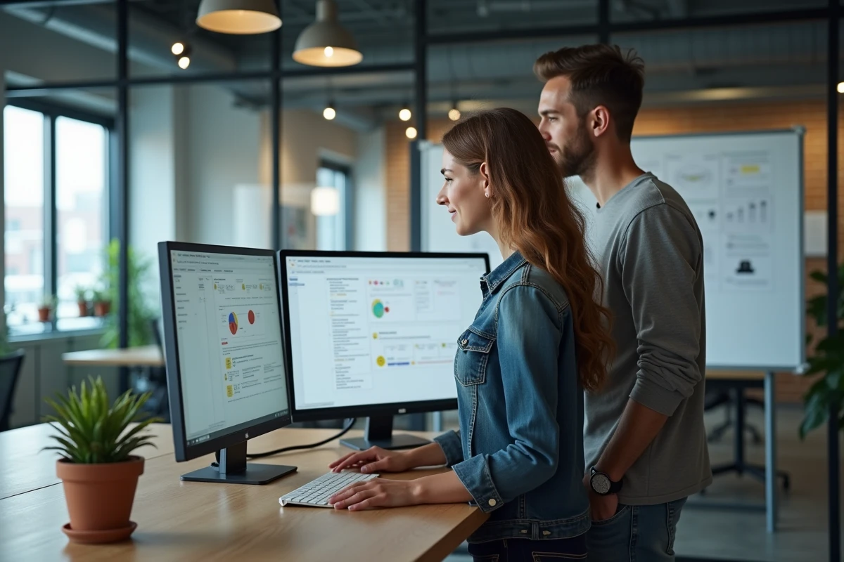 Deux alternants développeurs web collaborant sur un projet numérique dans les bureaux d'une agence tech professionnelle