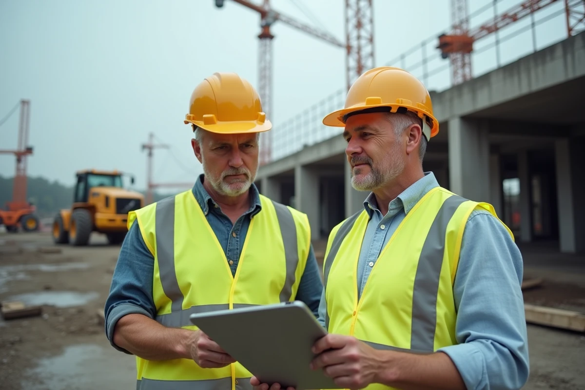 Ancien sous-officier reconverti dans le secteur BTP discutant avec un chef de chantier sur un site industriel