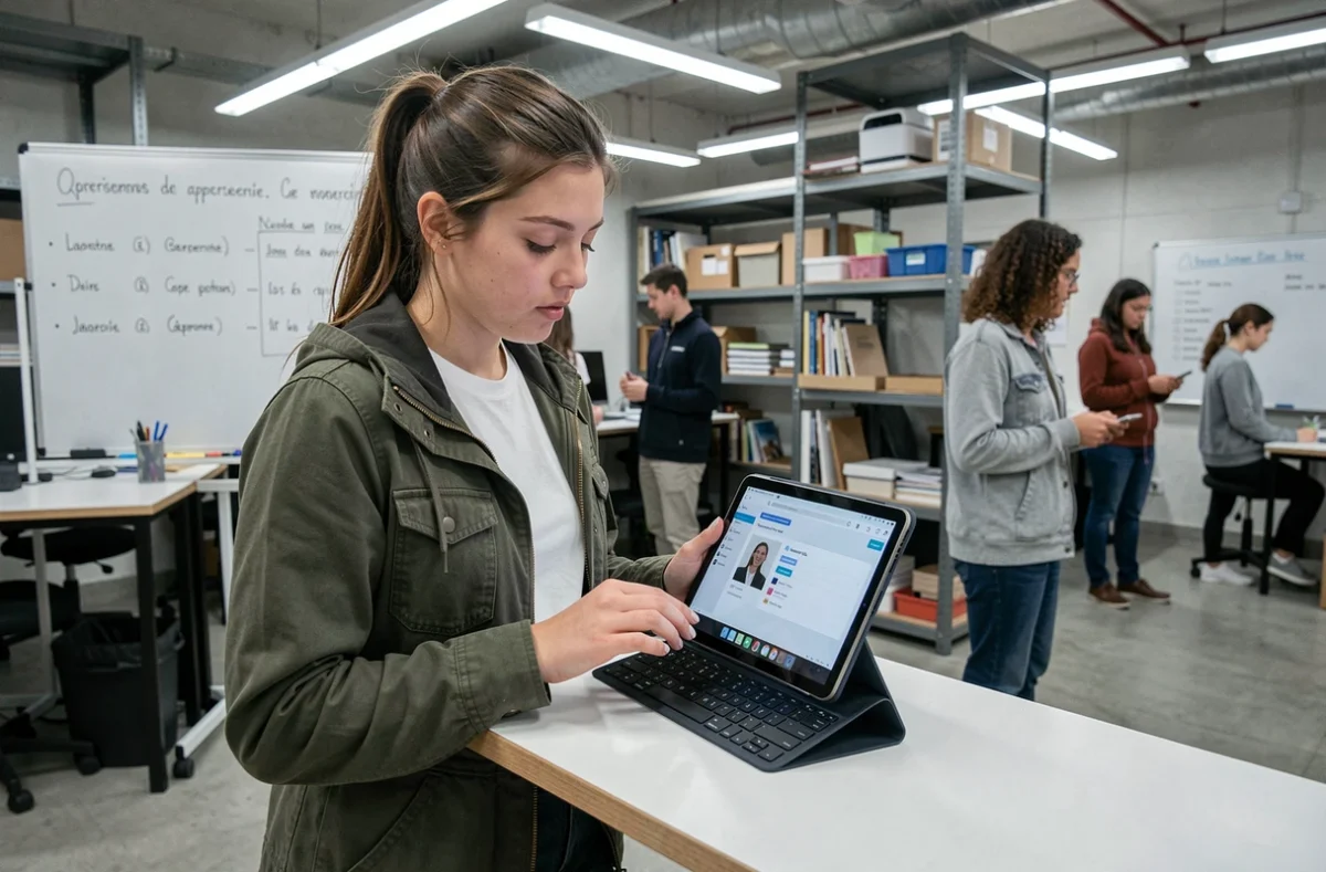 Jeune apprentie consultant son espace NetYParéo sur une tablette dans un espace de travail collaboratif de CFA
