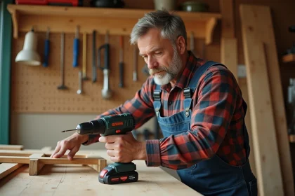 Homme en overalls assemble un meuble en bois dans un atelier