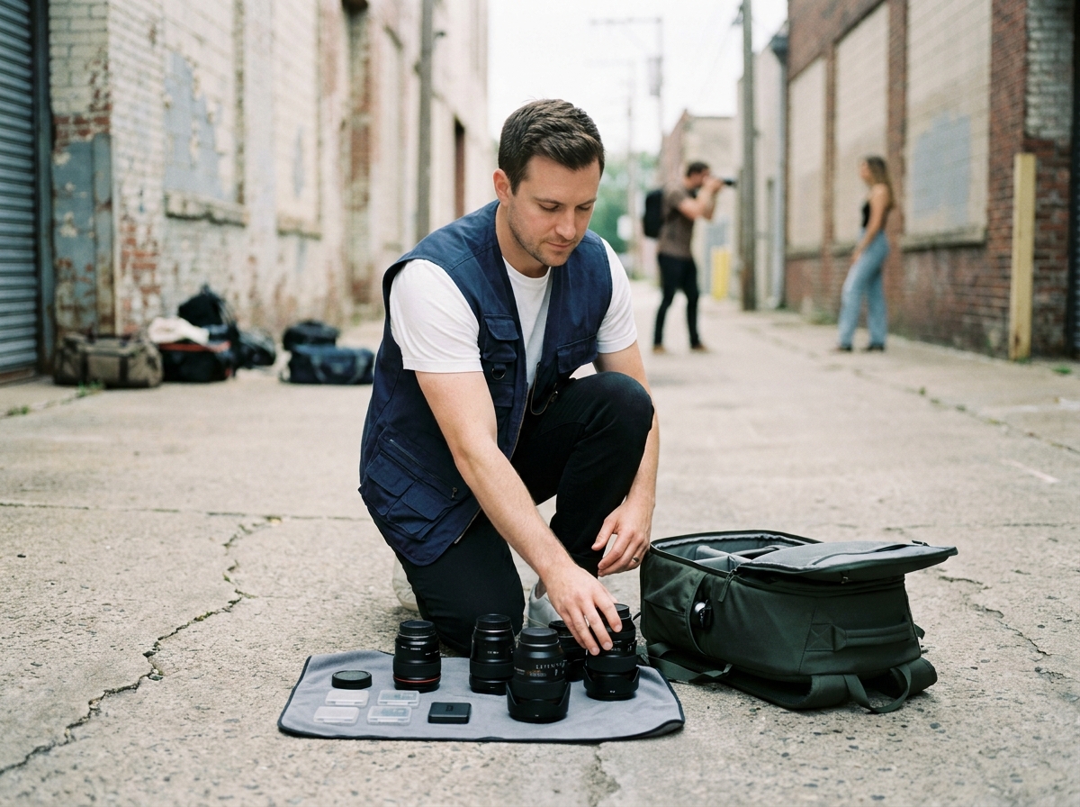 Assistant photographe organisant des objectifs et du matériel photo sur un tournage en extérieur urbain