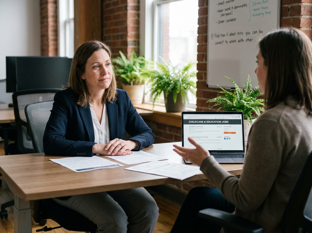 Femme en pleine reconversion professionnelle consultant une conseillère d'orientation pour travailler auprès des enfants