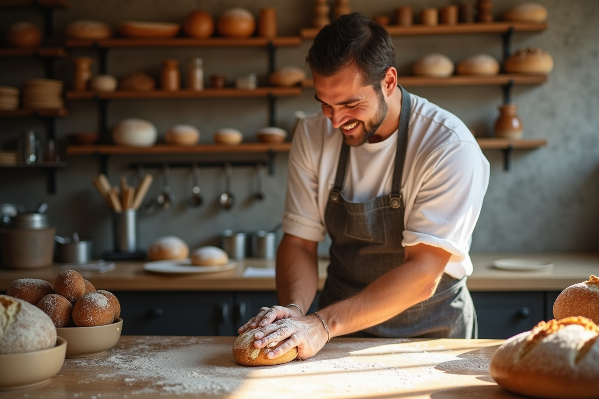 Boulanger souriant façonnant du pain dans une boulangerie lumineuse