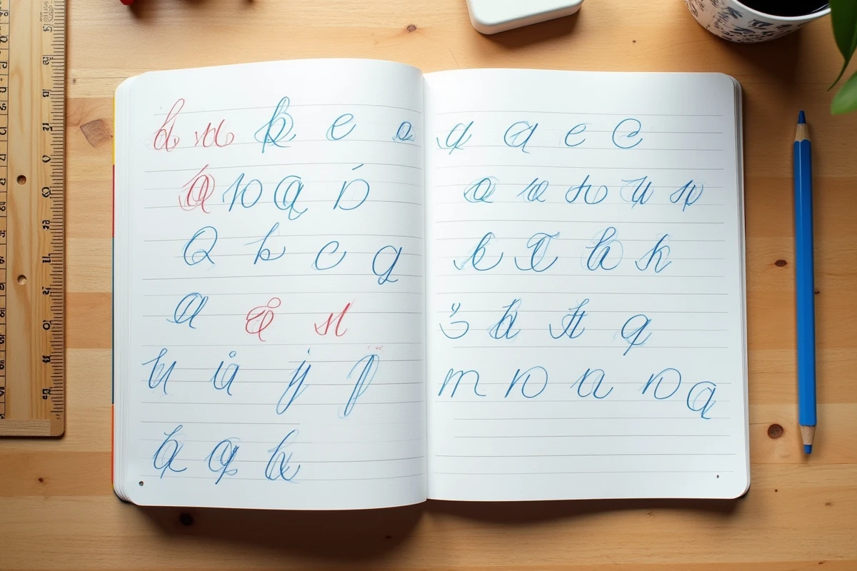 Cahier d'écriture cursive CP ouvert montrant des lignes d'entraînement au Q majuscule attaché en encre bleue