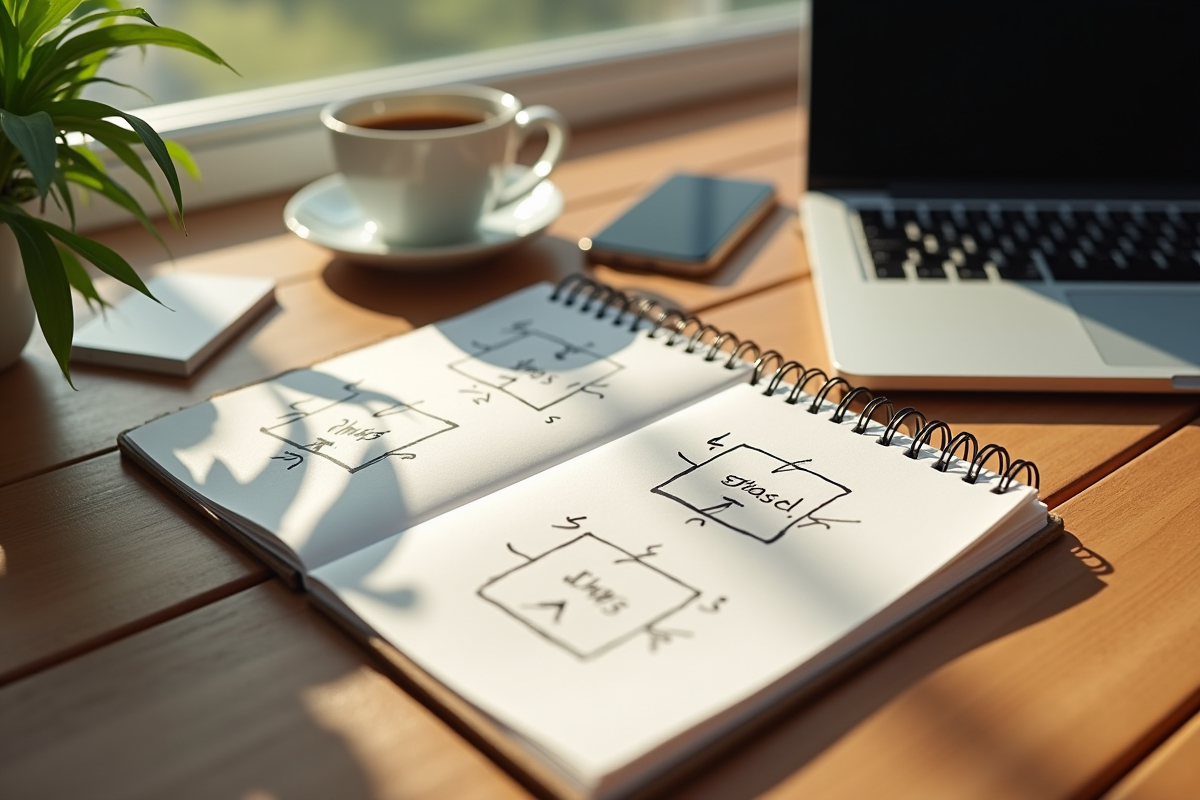 Carnet ouvert avec diagramme des quatre phases sur un bureau en matinée
