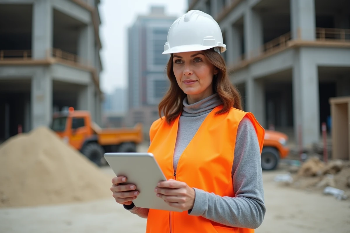 Cheffe de chantier BTP consultant un module de formation en ligne sur tablette devant un chantier de construction urbain