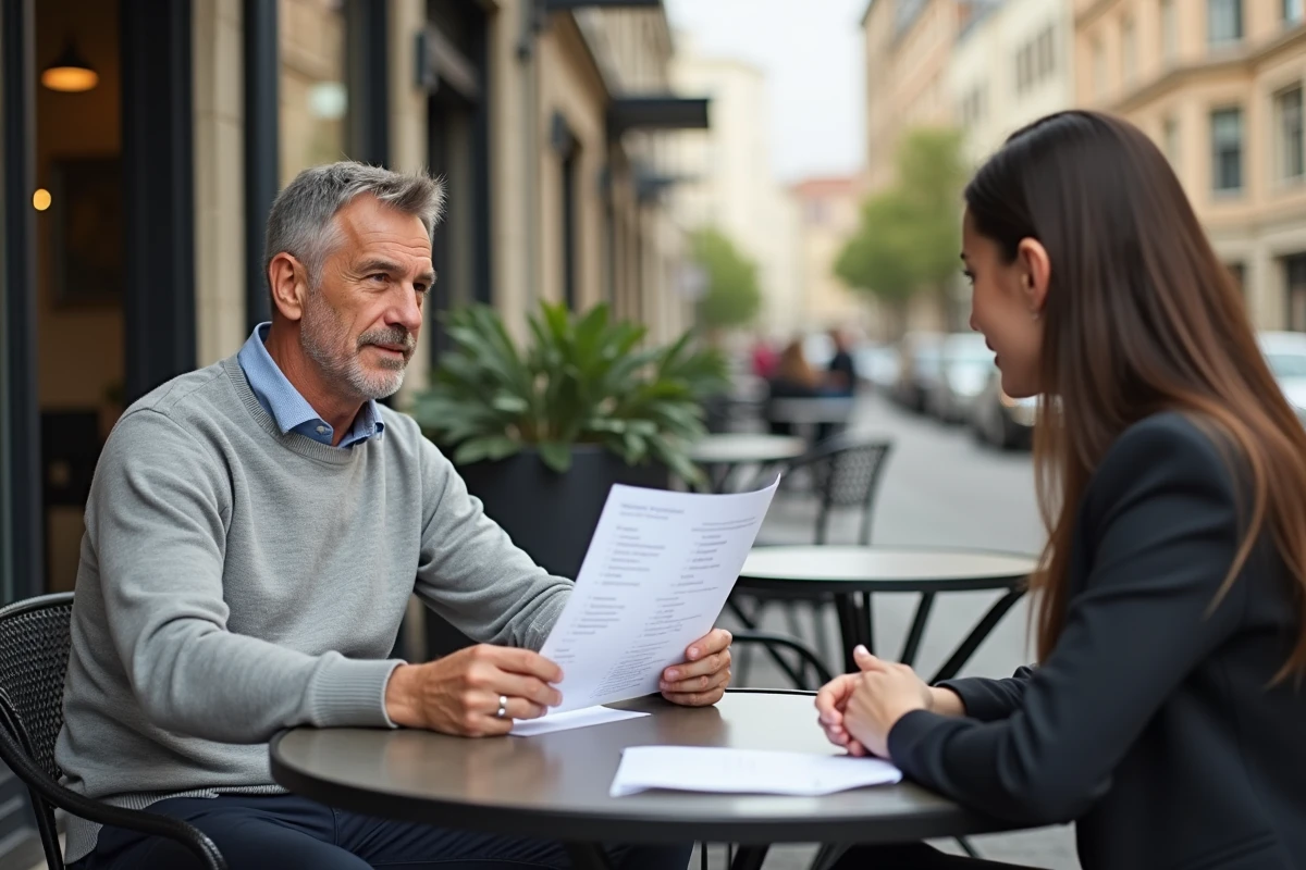Coach en extérieur présente une liste de prix à une cliente