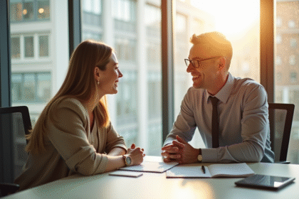 Coach et client en discussion dans un bureau lumineux