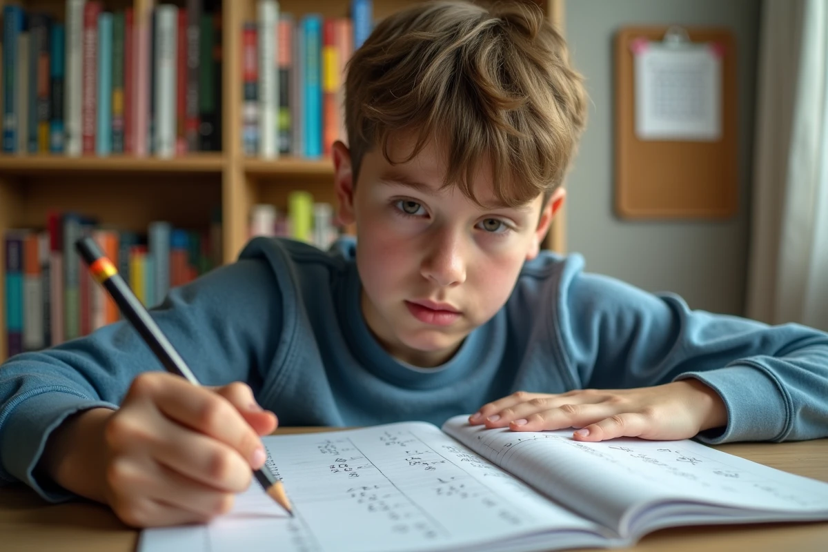 Collégien travaillant seul dans sa chambre sur le calcul de sa moyenne scolaire avec coefficients dans un cahier de notes