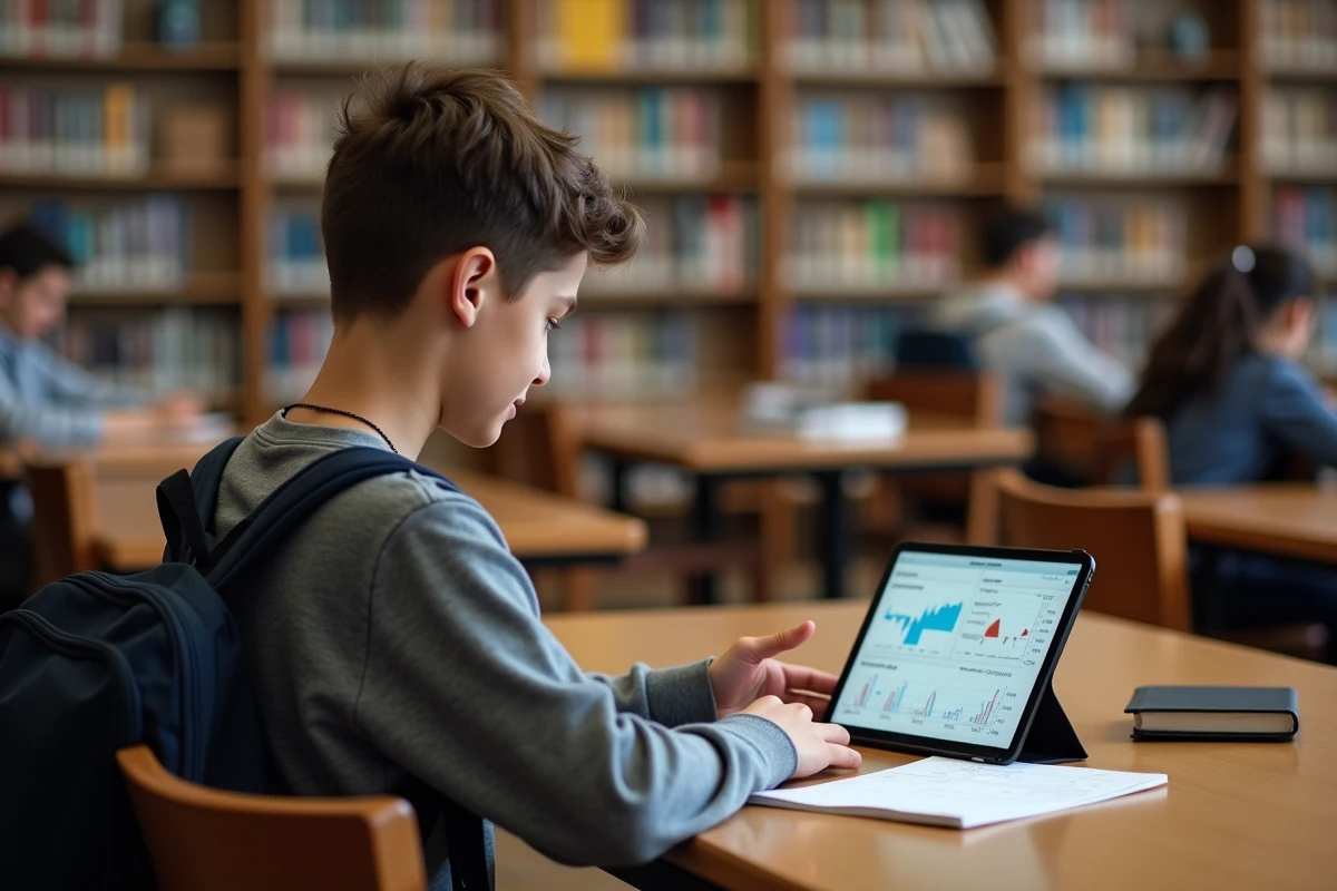 Collégien consultant des graphiques financiers sur une tablette dans une bibliothèque scolaire