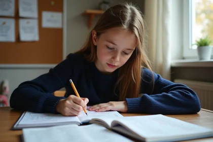 Collégienne révisant les classes grammaticales avec des exercices corrigés et des fiches PDF sur son bureau en bois