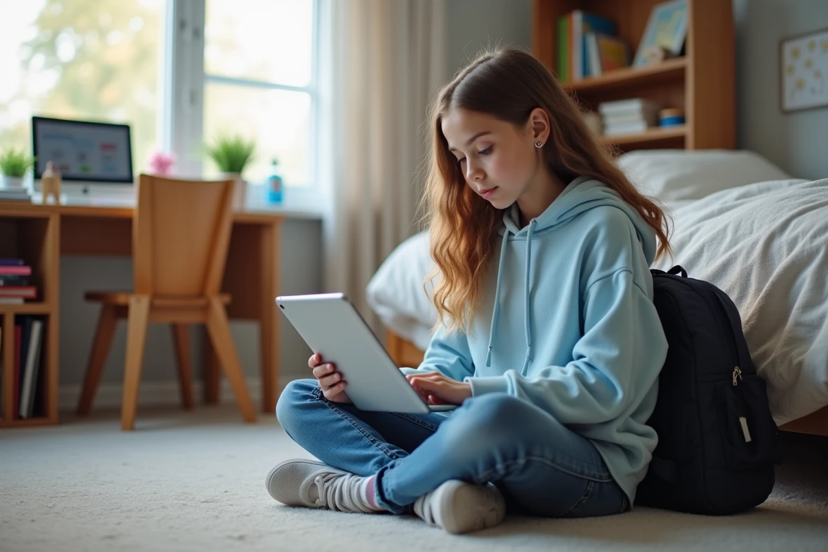 Collégienne utilisant l'ENT sur une tablette dans sa chambre pour accéder à son espace numérique scolaire en toute sécurité