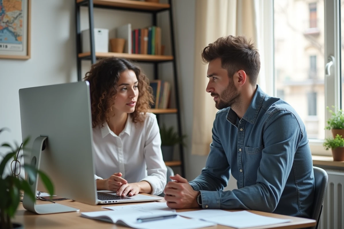 Deux collègues suivant ensemble une formation digitale en ligne depuis un bureau à domicile à Paris