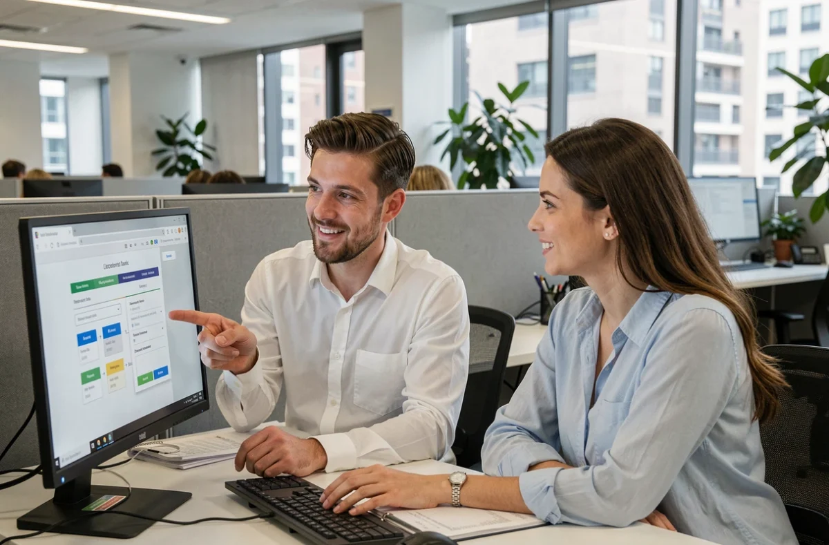 Deux collègues configurant ensemble un espace inscrit sur un ordinateur de bureau dans un open space professionnel
