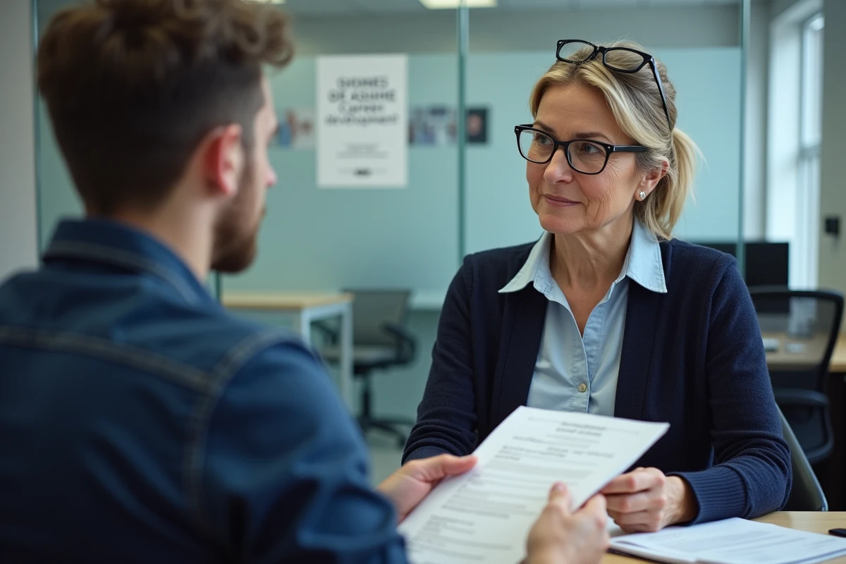 Conseillère Pôle emploi en entretien individuel avec un demandeur d'emploi dans une agence professionnelle