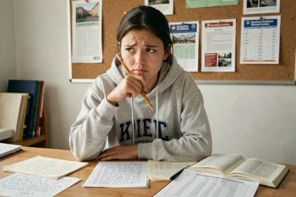 Étudiante calculant la conversion d'une note sur 20 pour un examen international à son bureau