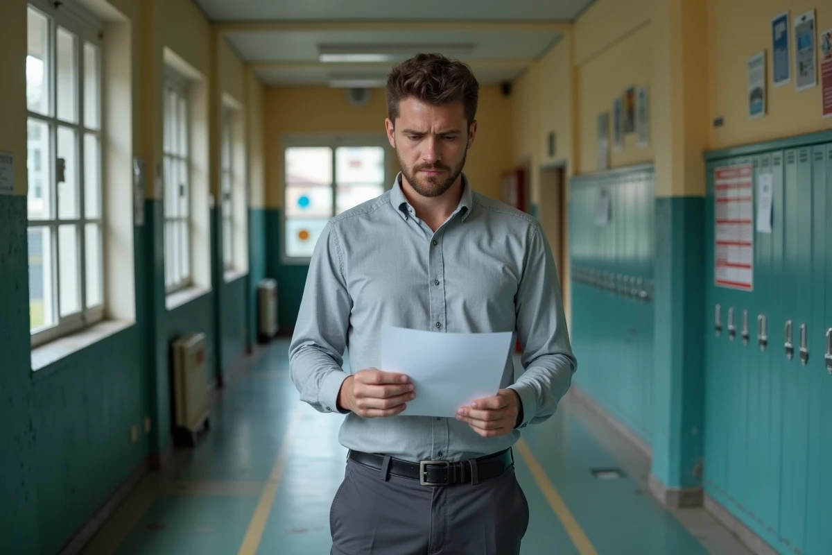 Coordonnateur ULIS consultant un document officiel dans un couloir d'école publique française, illustrant l'écart entre textes réglementaires et réalité du terrain