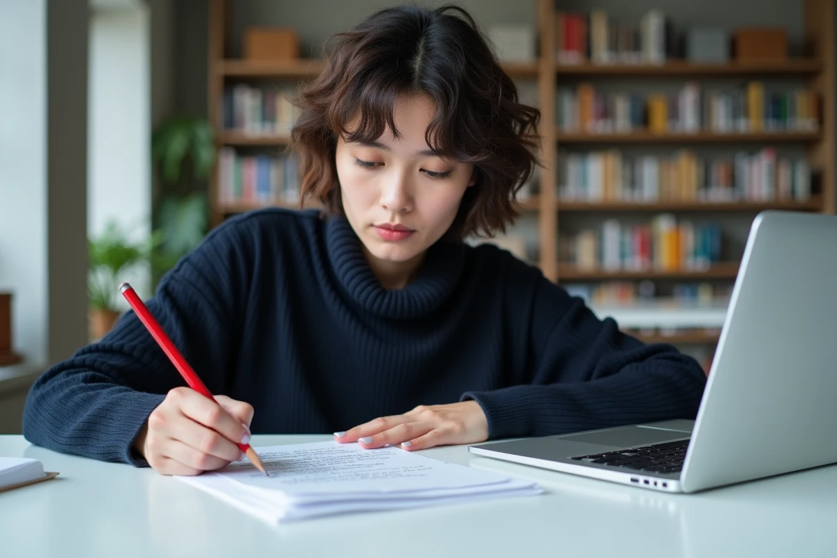 Jeune femme annotant et corrigeant une strophe de poésie imprimée avec un crayon rouge dans une bibliothèque moderne
