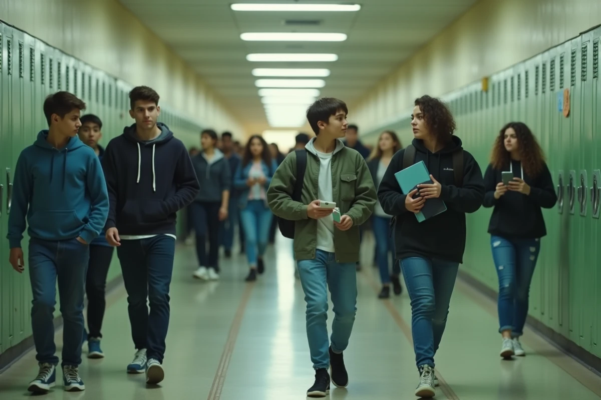 Couloir bondé d'un grand lycée français entre deux cours, élèves adolescents en tenue décontractée dans une ambiance animée et authentique