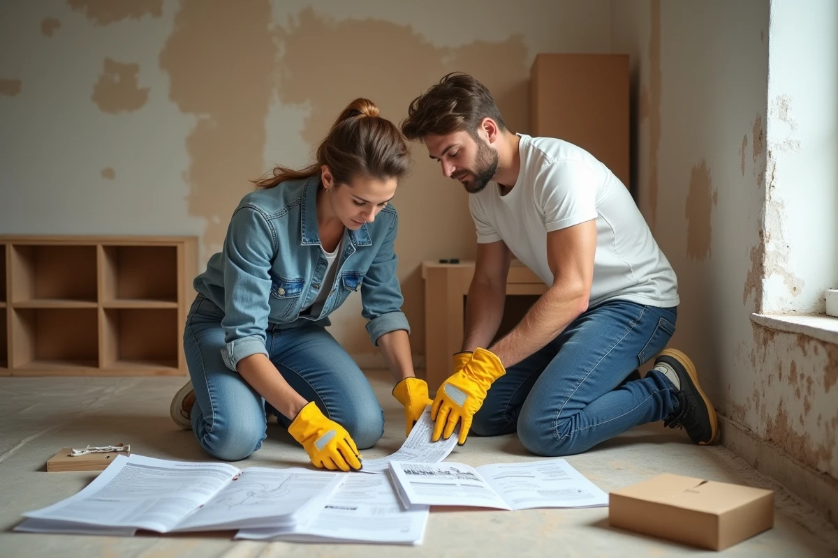 Couple adulte assemblant une étagère en bois dans un intérieur en rénovation avec plans d'instructions et outils au sol