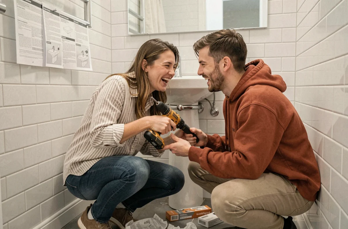 Couple de jeunes adultes installant ensemble une barre porte-serviette dans leur salle de bain, apprentissage du bricolage en duo à domicile