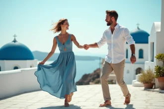 Couple dansant le sirtaki en tenue estivale sur une terrasse grecque blanche avec vue sur la mer Égée