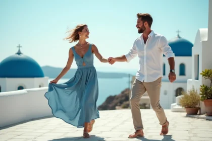 Couple dansant le sirtaki en tenue estivale sur une terrasse grecque blanche avec vue sur la mer Égée