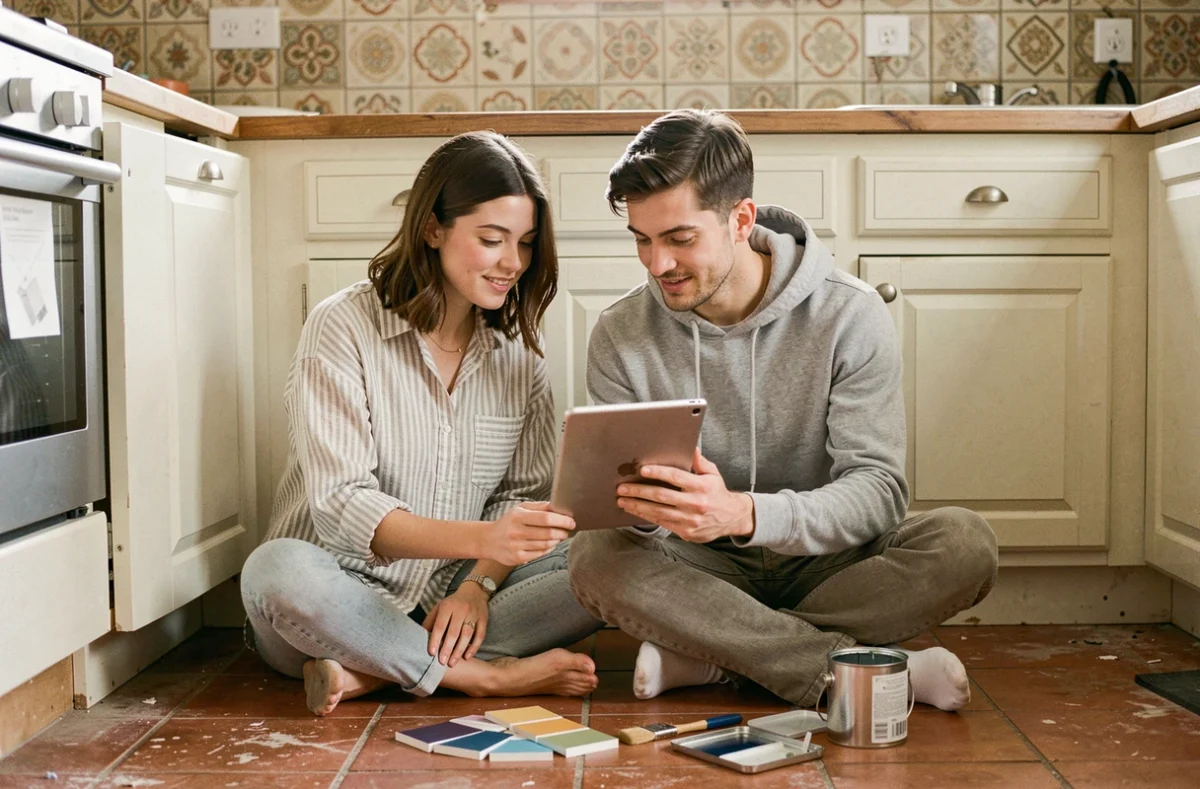 Couple regardant un tutoriel de bricolage sur tablette assis sur le sol de leur cuisine en cours de rénovation