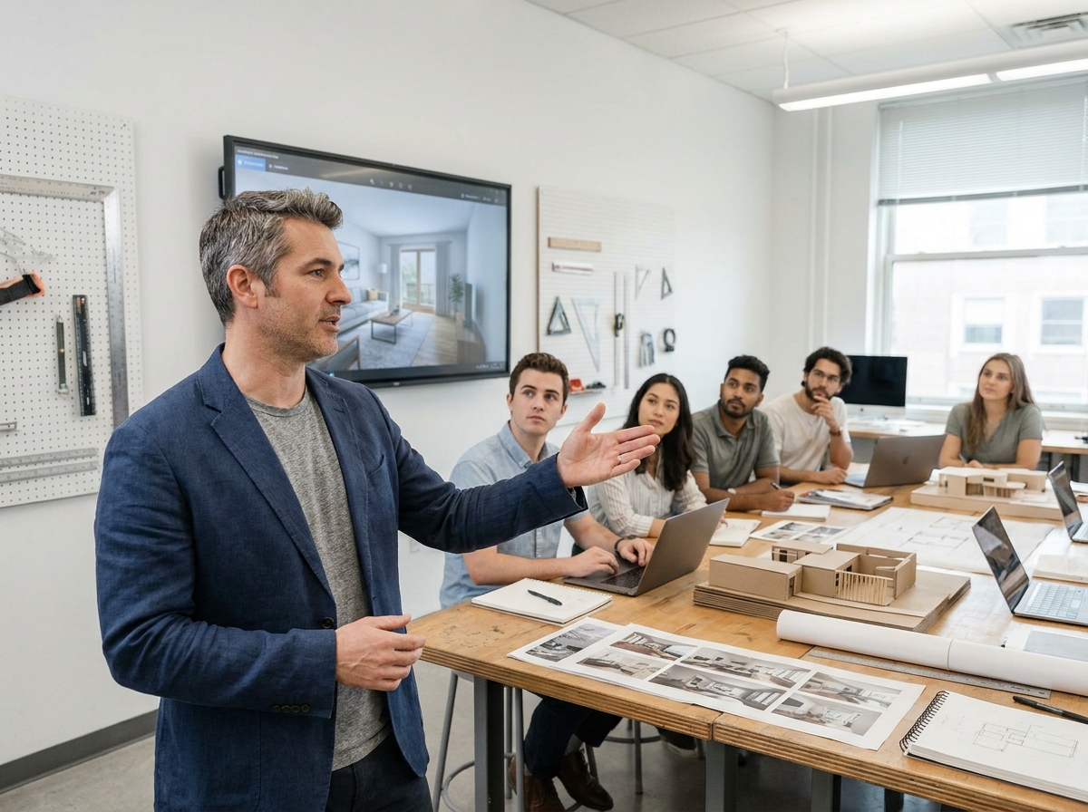 Professeur d'architecture d'intérieur enseignant le logiciel de rendu 3D à des étudiants dans une salle de cours contemporaine