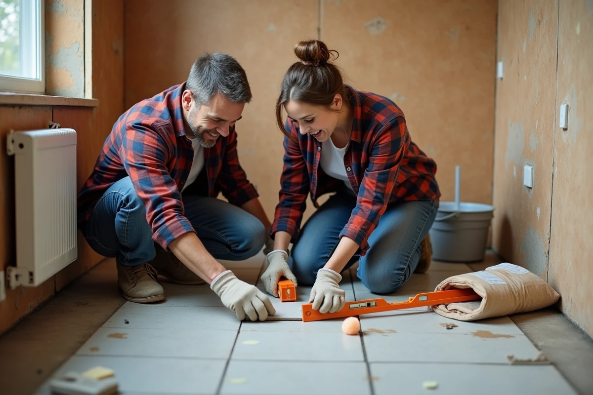 Couple posant du carrelage dans une salle de bain lors d'un projet de bricolage à domicile en week-end