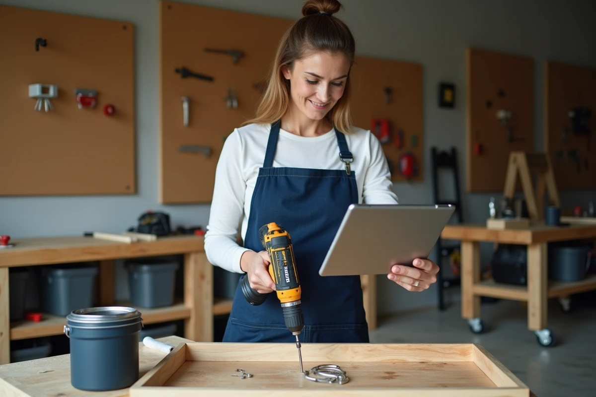 Femme apprenant le bricolage seule dans un atelier garage en suivant un cours sur tablette numérique