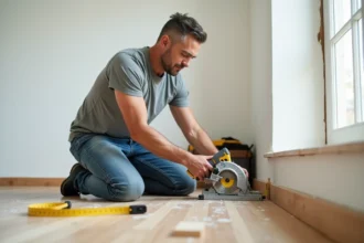 Homme adulte effectuant des travaux de bricolage en posant une plinthe en bois dans un salon en rénovation