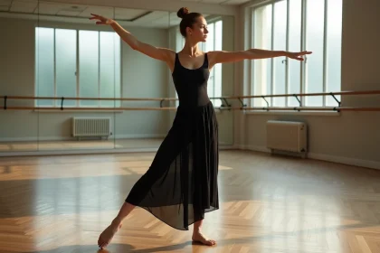 Danseuse en arabesque dans un studio de danse professionnel à Lille avec parquet et miroirs