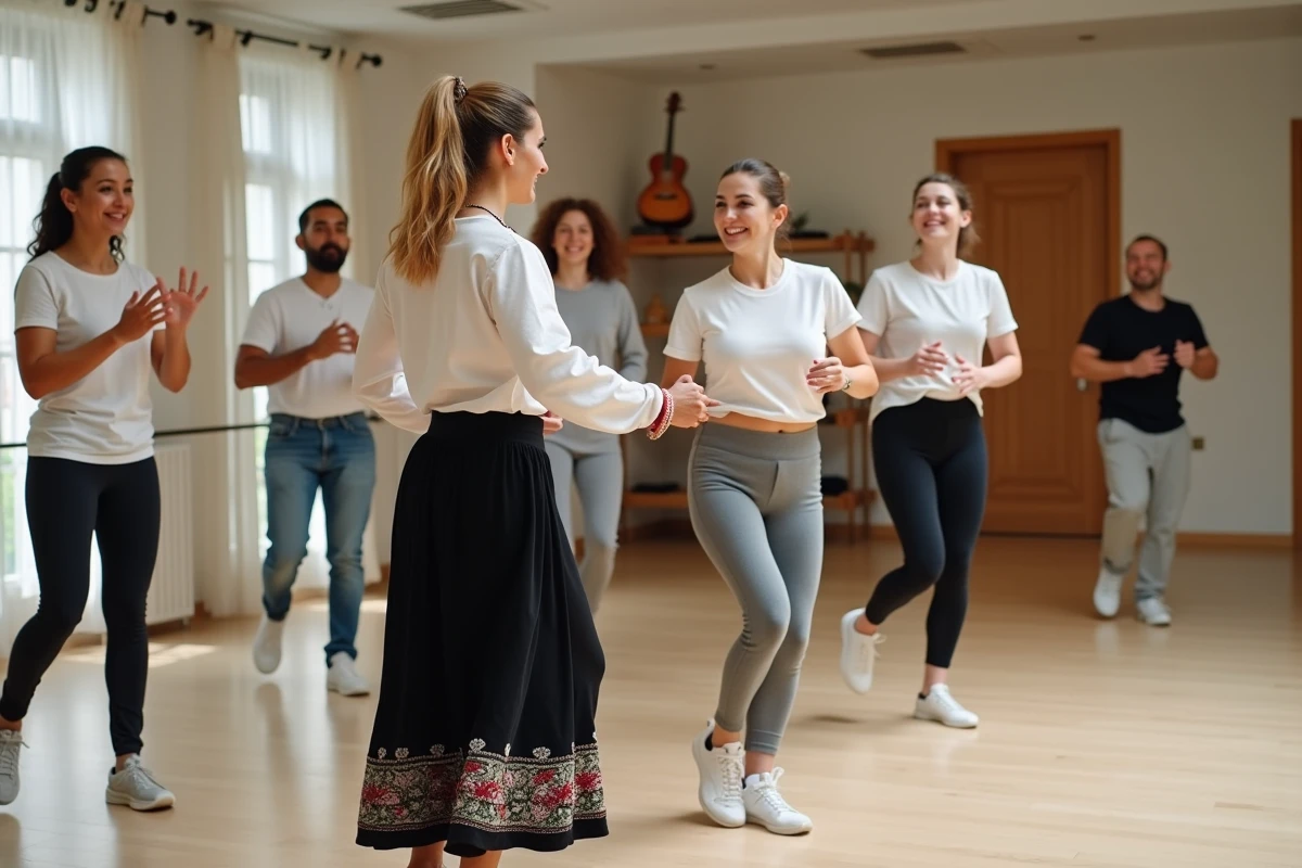 Cours de sirtaki pour débutants dans un studio de danse méditerranéen avec reflet dans le miroir et bouzouki en arrière-plan
