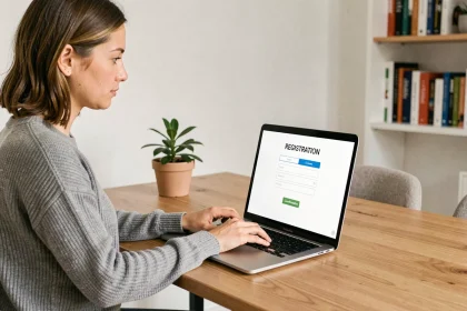 Femme créant son espace inscrit sur un ordinateur portable dans un bureau à domicile moderne