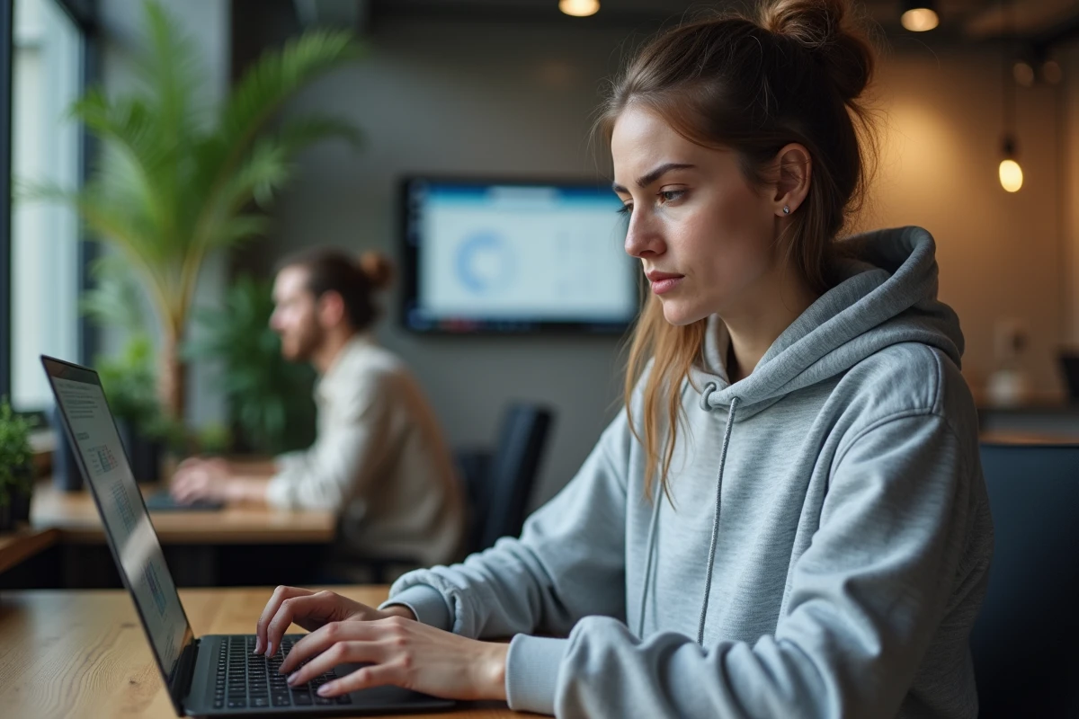 Femme dépannant un problème de connexion VPN sur son ordinateur dans un espace de coworking moderne