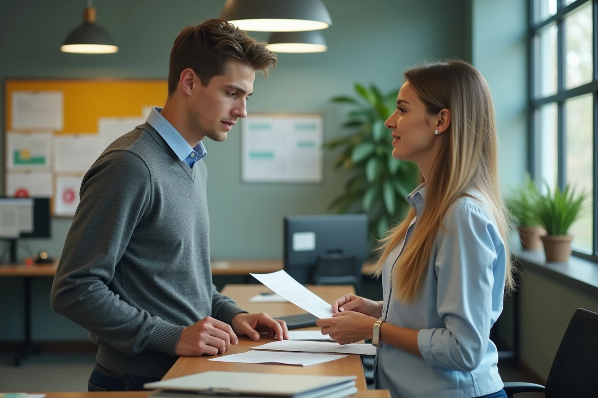 Jeune homme discutant avec une employe dans un bureau universitaire