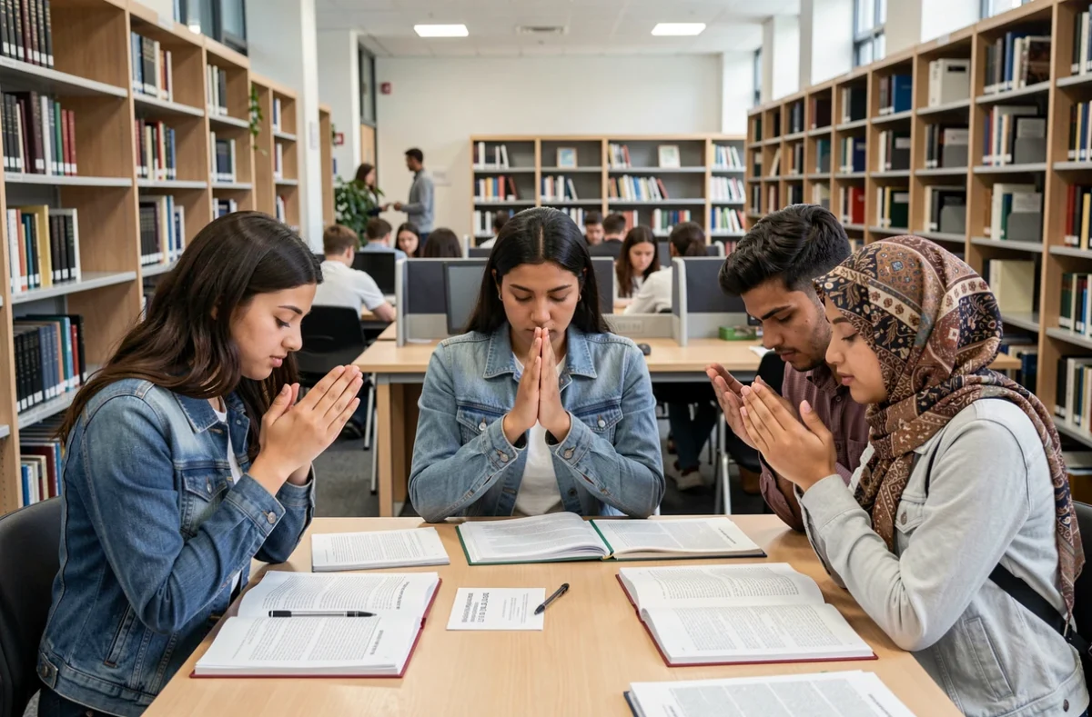 Groupe d'étudiants universitaires levant les mains en invocation collective avant leurs examens dans une bibliothèque