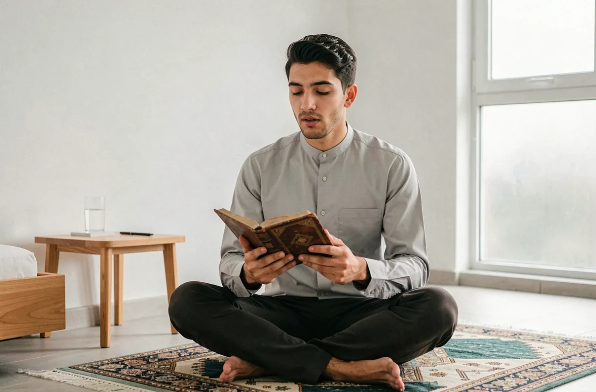 Jeune homme récitant une invocation islamique sur un tapis de prière, tenant un livre de douas ouvert dans ses mains